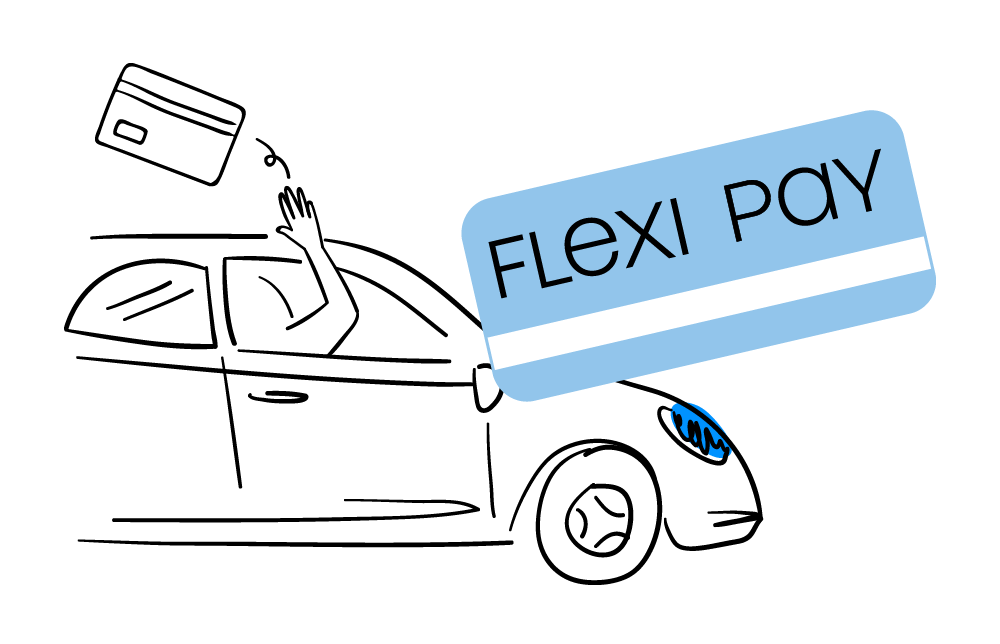 Illustration με αυτοκίνητο από το πλάι και logo FlexiPay