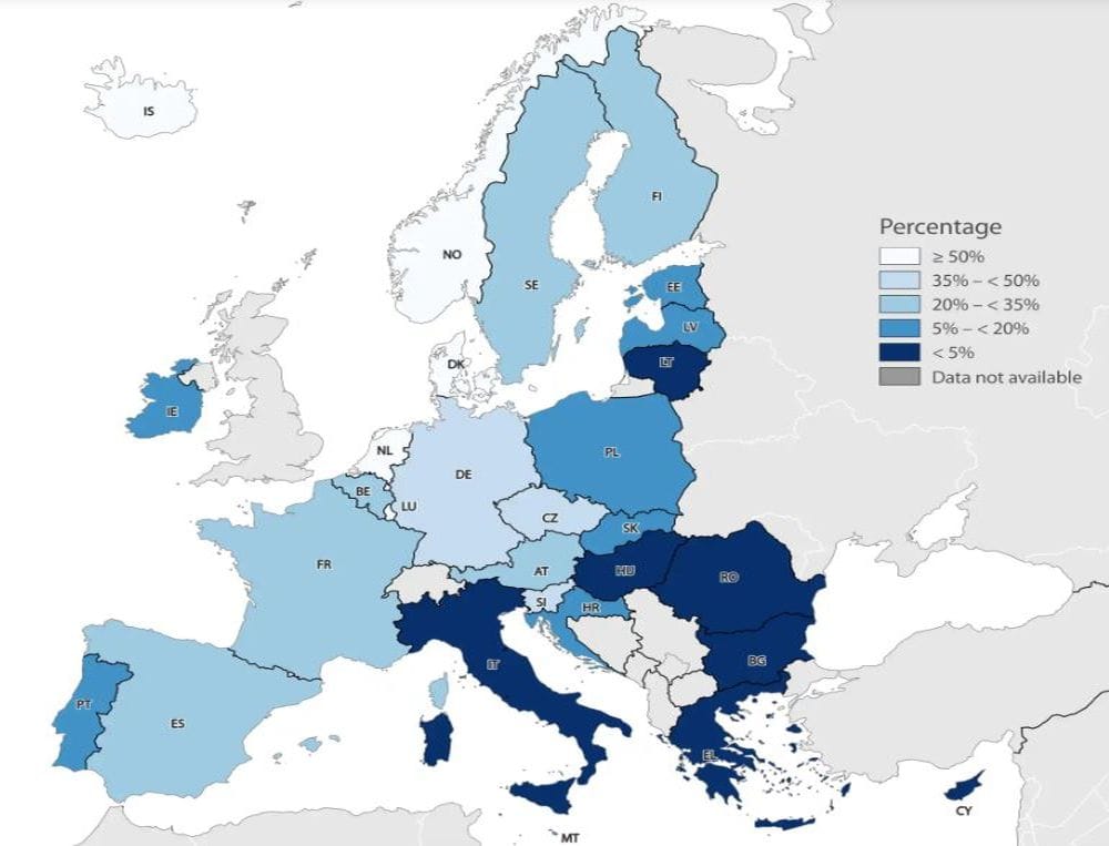 χάρτης της Ευρώπης, χώρες με διαφορετικά χρώματα ανάλογα τις ζημιές που καλύπτονται ασφαλστικά