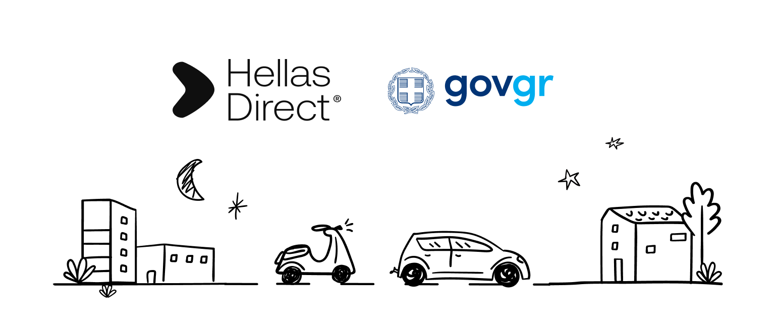 το logo της Hellas Direct, το logo του gov.gr. σχέδια σπιτιού, μοτοσυκλέτας και αυτοκινήτου σε λευκό φόντο